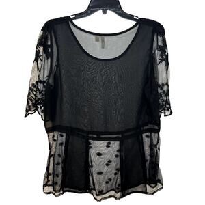 Frenchi Short Sleeve Lace Mesh Blouse Womens Size Large Black Floral Coquette